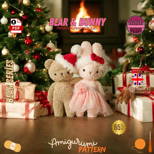 Crochet Christmas Boucle Bear & Bunny Amigurumi Pattern PDF | Festive DIY Toy Design Instructions Doll Making