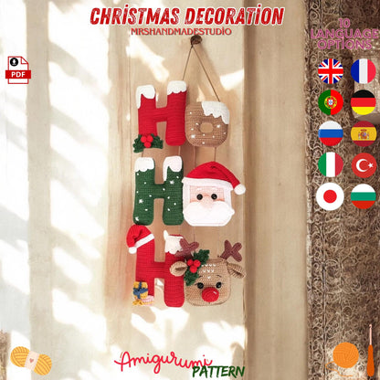 Crochet HoHoHo Christmas Decoration Santa Claus Ornament Pattern PDF in 10 Languages