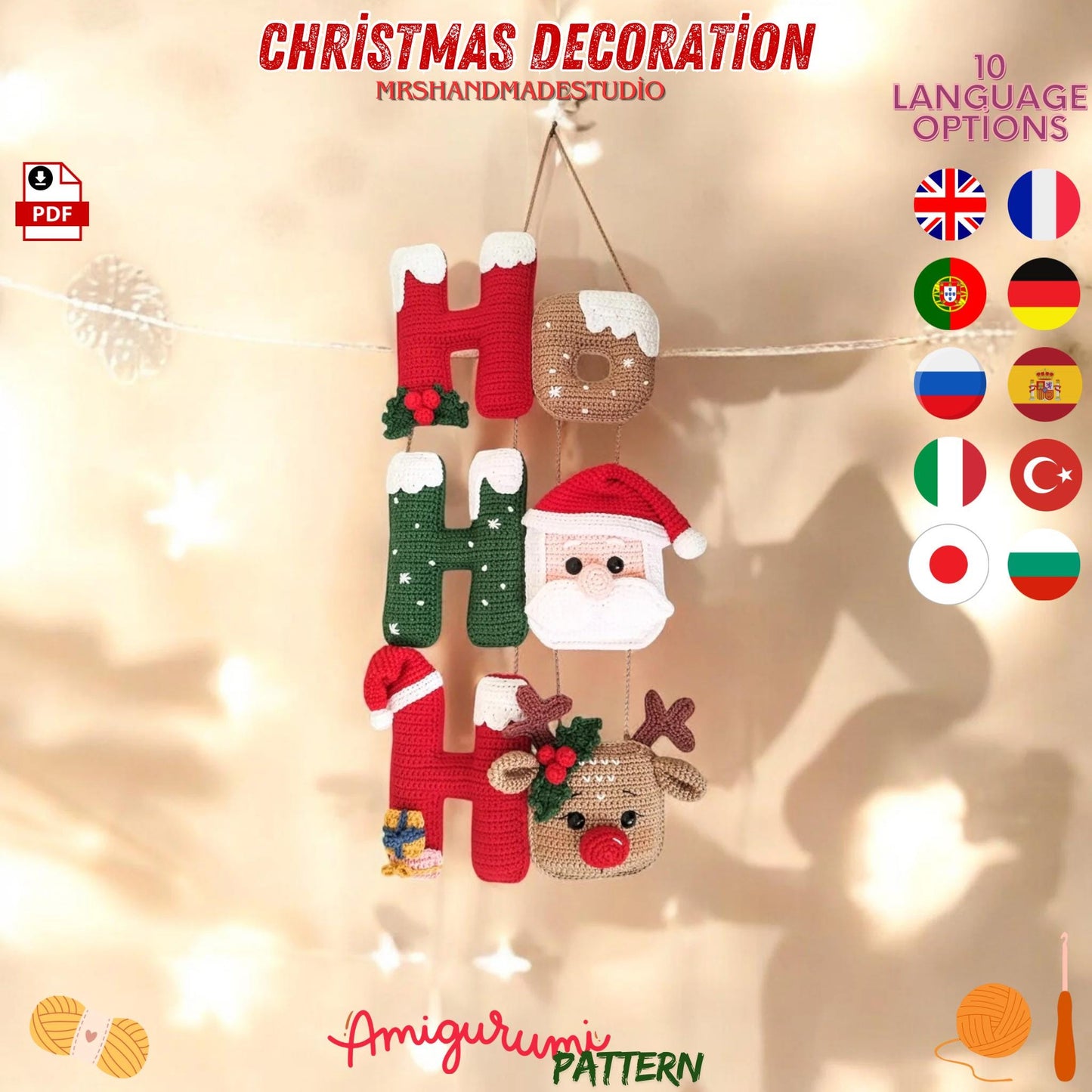 Crochet HoHoHo Christmas Decoration Santa Claus Ornament Pattern PDF in 10 Languages