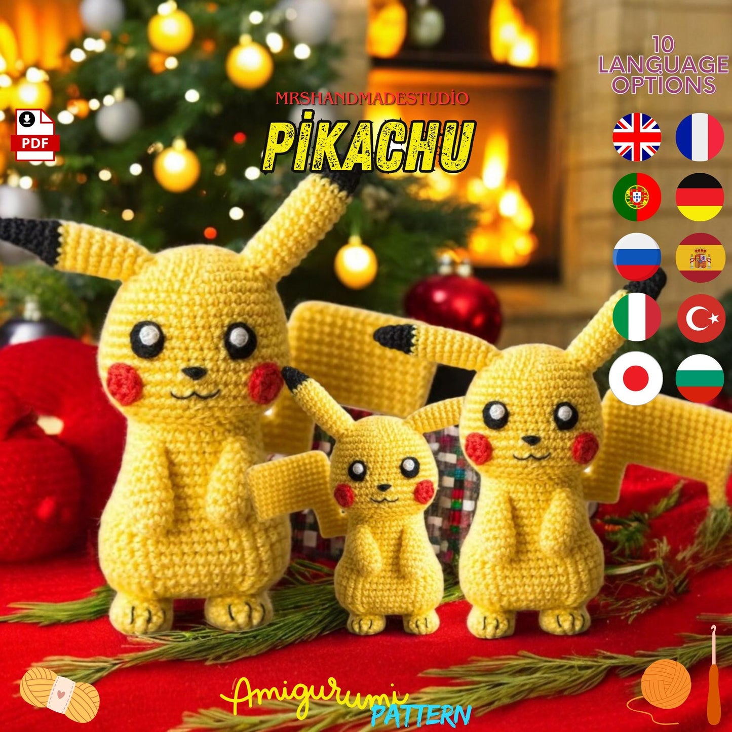 Crochet Pikachu Amigurumi Pattern 10 Language Options Doll Making PDF | Easy DIY Pokemon Toy Tutorial, Instant Download Doll Making