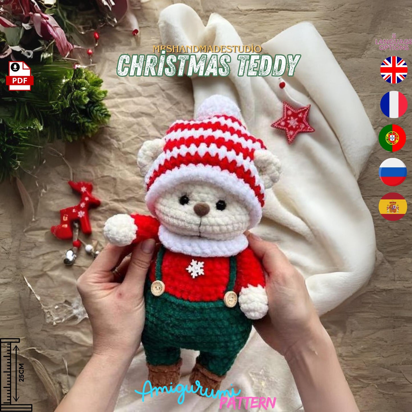 Crochet Christmas Teddy Amigurumi Pattern PDF - 5 Languages