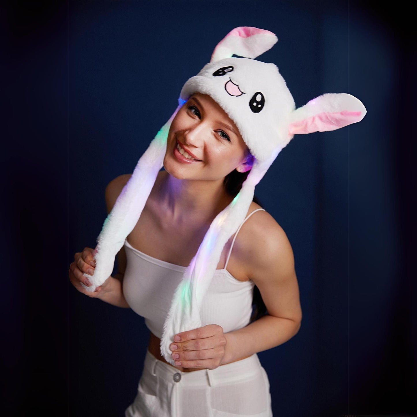 Rabbit Hat Beanie Cap with LED Ears - Moving White Beanie, Cute Winter Accessory, Free Shipping 55 x 17 cm