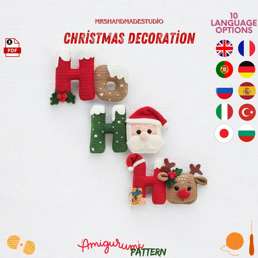 Crochet HoHoHo Christmas Decoration Santa Claus Ornament Pattern PDF in 10 Languages