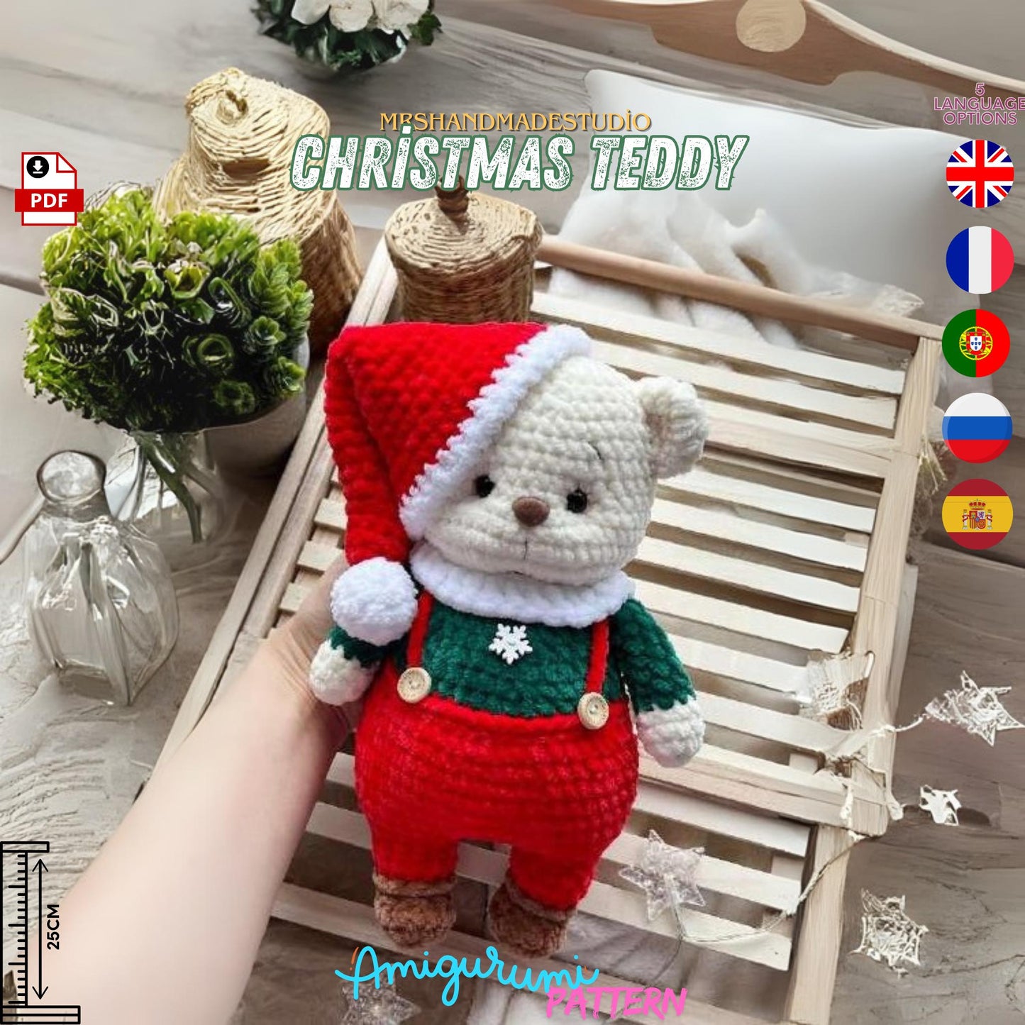 Crochet Christmas Teddy Amigurumi Pattern PDF - 5 Languages