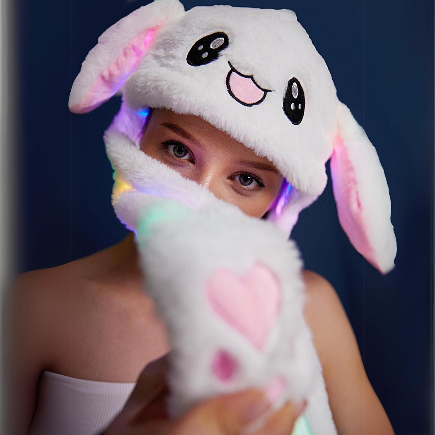 Rabbit Hat Beanie Cap with LED Ears - Moving White Beanie, Cute Winter Accessory, Free Shipping 55 x 17 cm